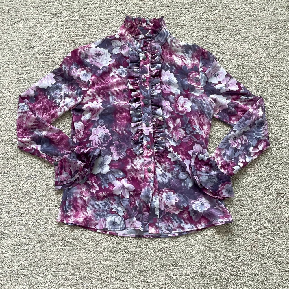 St. John NWOT Ruffle Blouse Floral Lavender Luxury Edwardian Formal Business